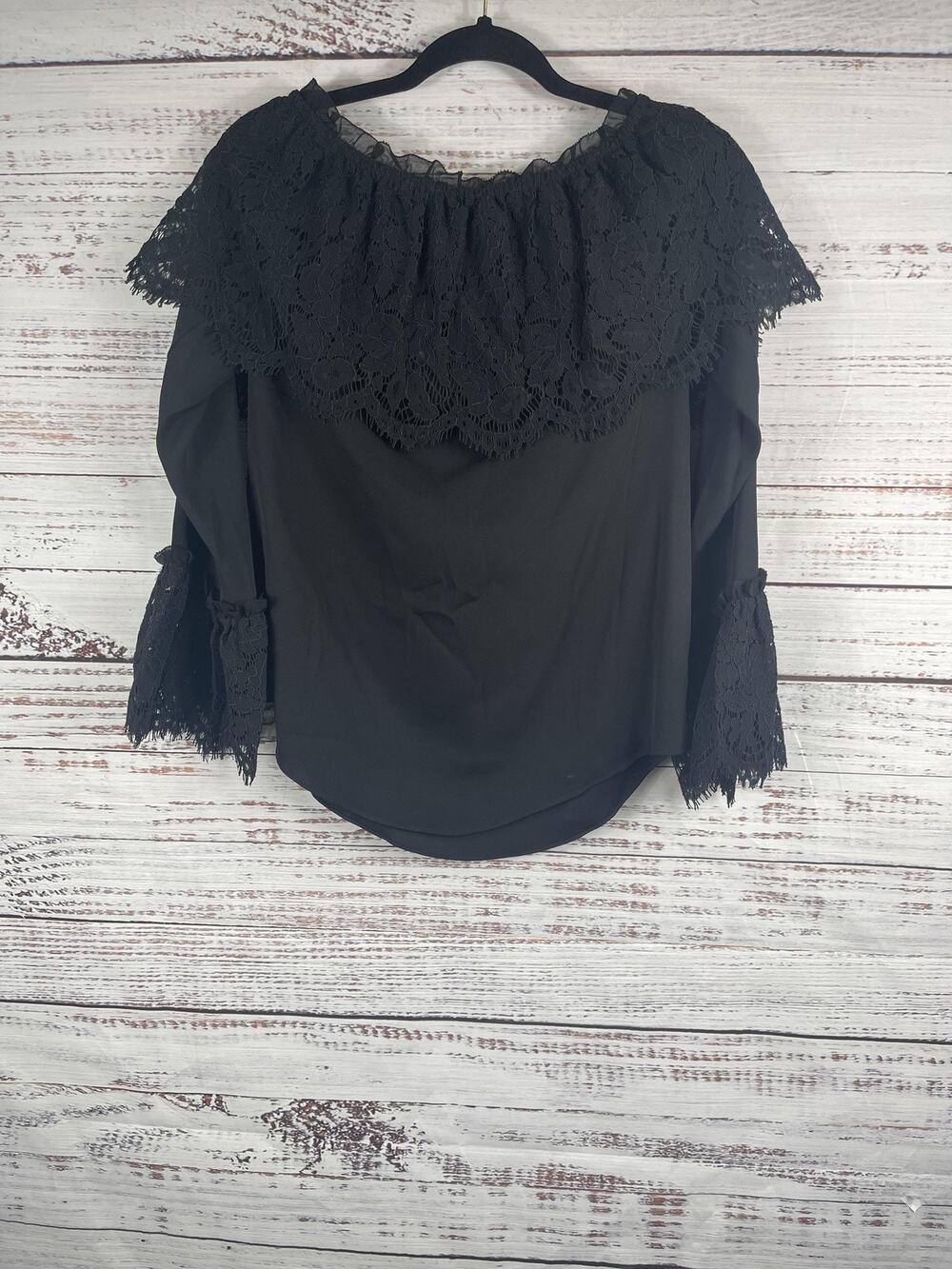 White House Black Market Shirt Womens XS Black Lace Off Shoulder Bell Sleeve Top
